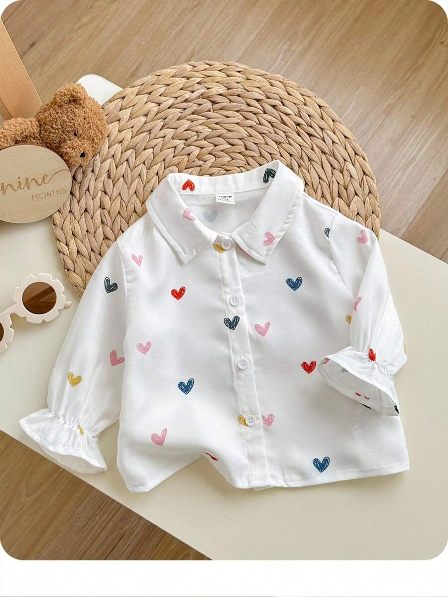 SHEIN Chemise à manches longues décontractée et polyvalente pour bébé fille avec imprimé cœur