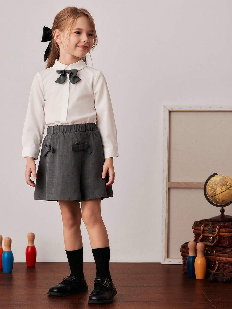 PrepCrw Conjunto de blusa de manga larga con moño y falda plisada para niñas de estilo colegial