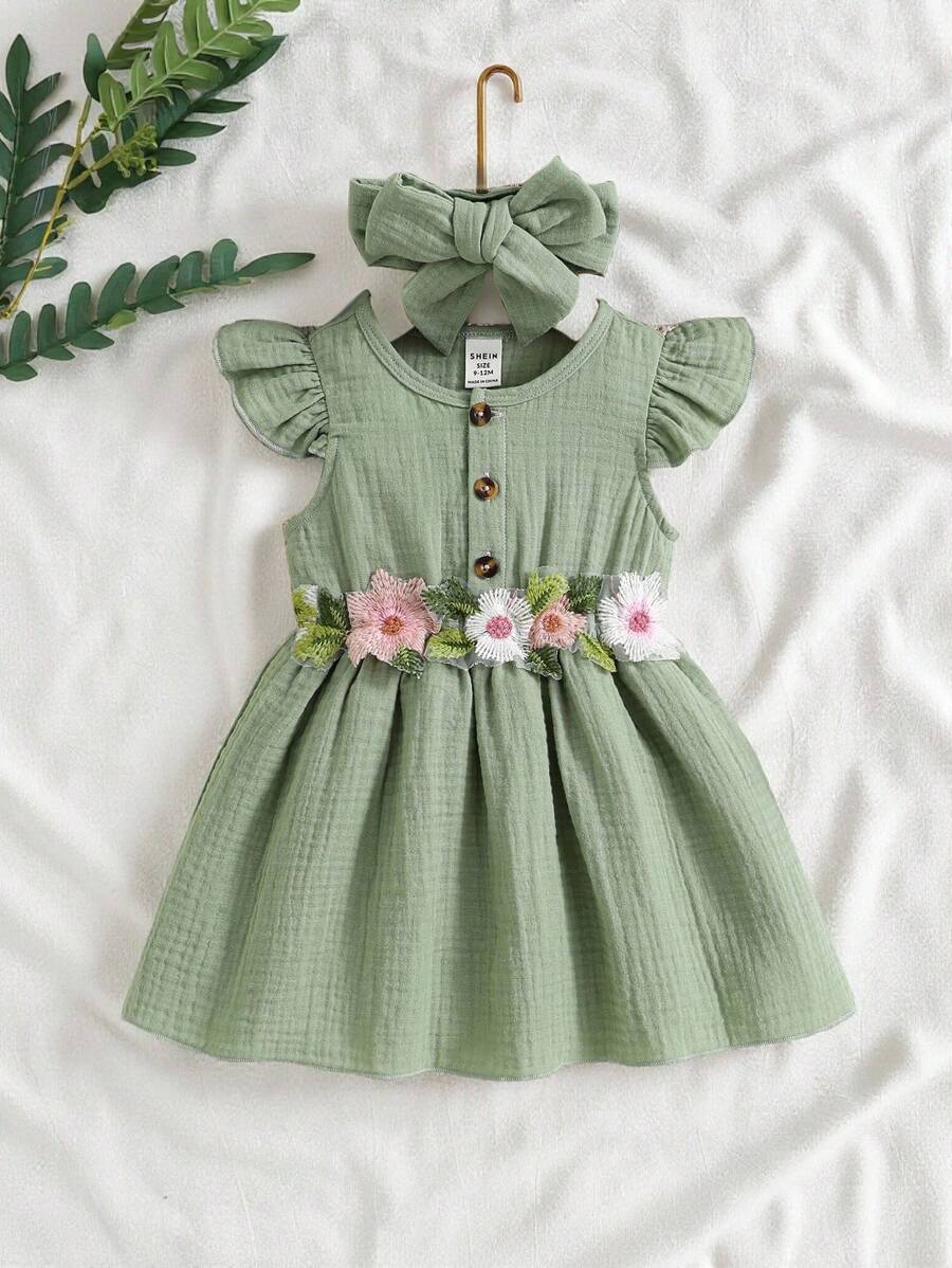SHEIN Vintaside Kids 2 pezzi Vestito e fascia per capelli da bambina con dettagli in rete, ricami floreali e volant per l'estate, ideale per picnic e feste all'aperto