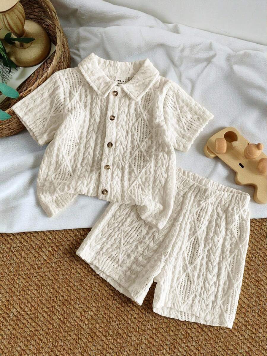 SHEIN Vintaside Kids Conjunto de ropa para bebé niño de 0 a 1 año, Camisa de manga corta y pantalón corto color albaricoque, Tela texturizada adecuada para que los bebés usen afuera en verano