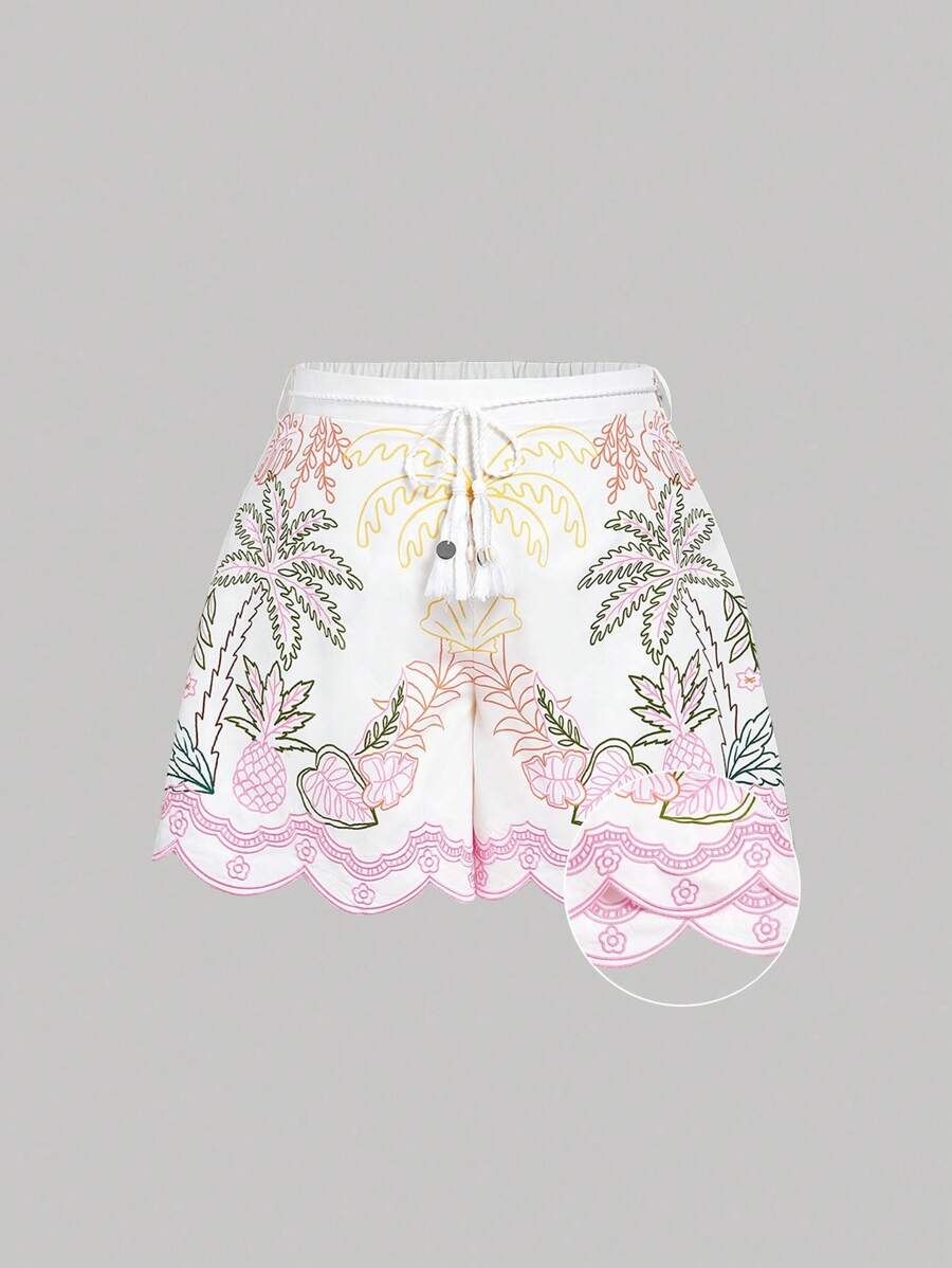 SHEIN MOD Shorts de pierna ancha con dobladillo bordado de flores isla para tallas grandes