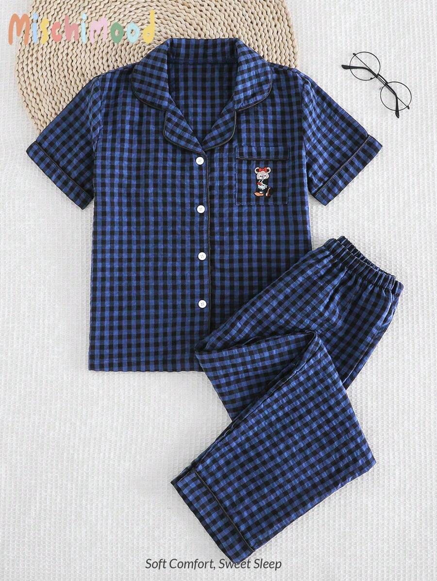 2 piezas Conjunto de chándal de niña con top de cárdigan y pantalones con bordado de dibujos animados, de tejido premium, color azul marino, ropa de dormir/de estar en casa