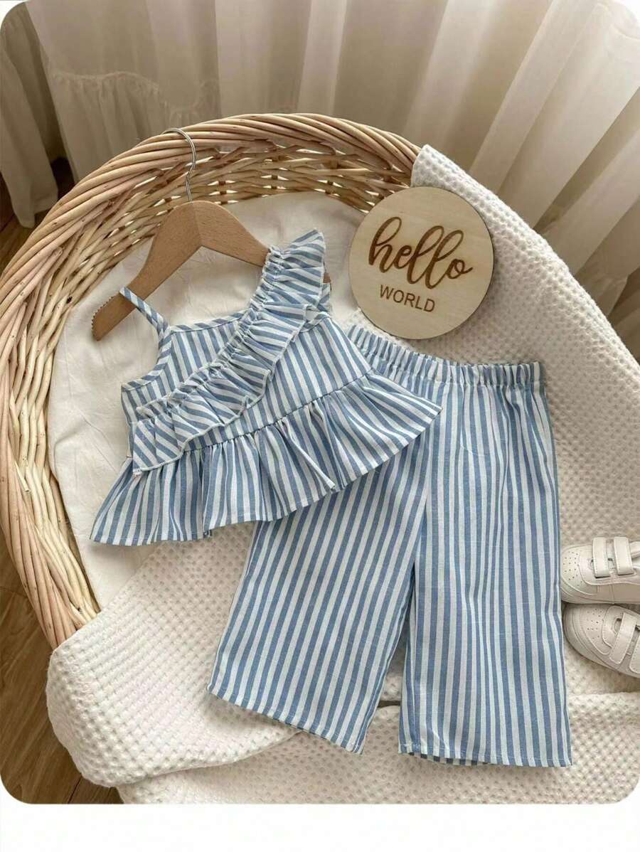 Conjunto De Top Y Pantalón De Peplum Con Cuello Asimétrico De Volante A Rayas Para Bebé Niña
