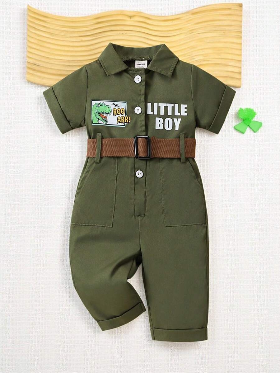 SHEIN Playful Pals Peto de manga corta con estampado de dinosaurio lindo para niños pequeños, con cinturón, conjunto casual de vacaciones para primavera/verano