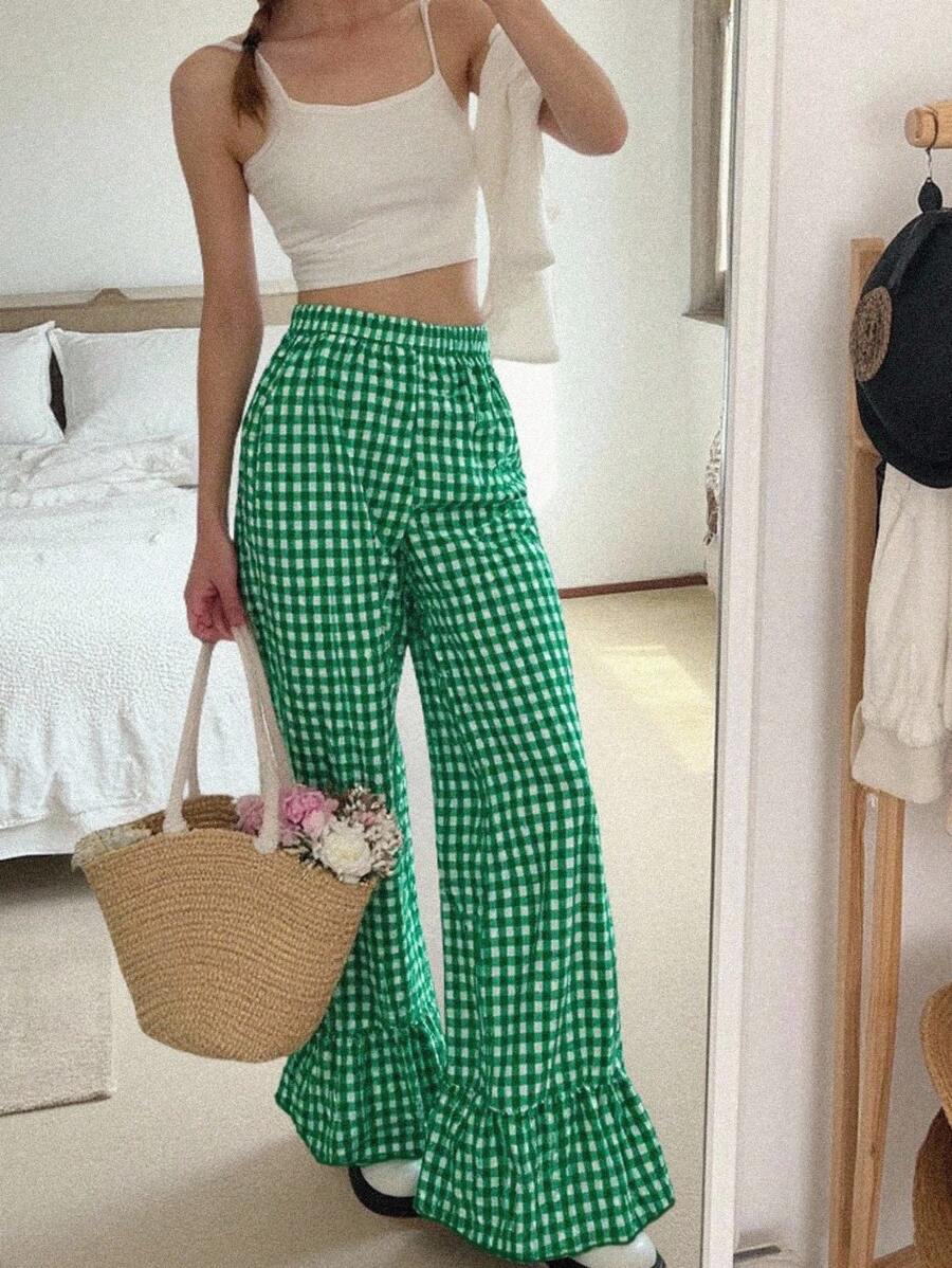INAWLY Pantalones holgados a cuadros casuales de vacaciones para mujer