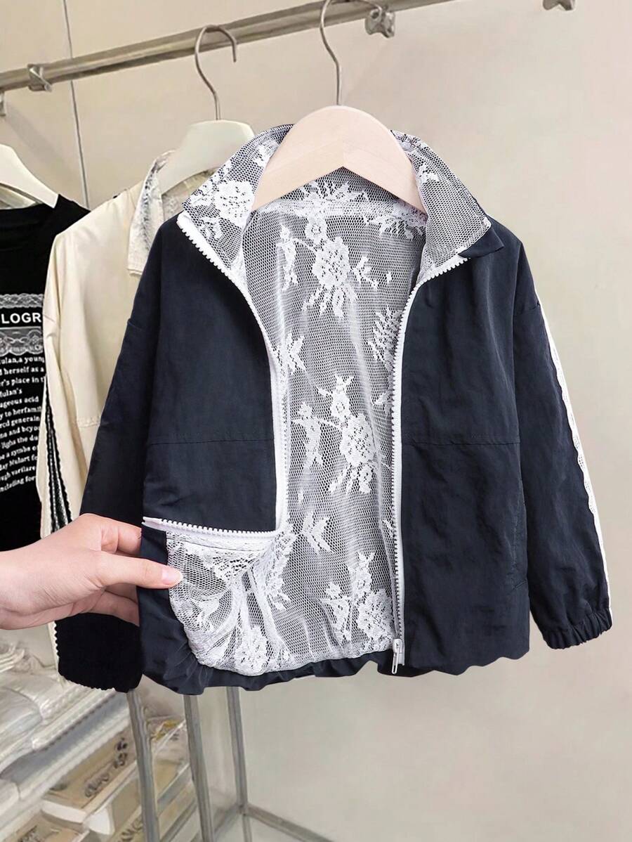 Young Girls Casual Fashion Long Sleeve Lace Decor Pocket Jacket