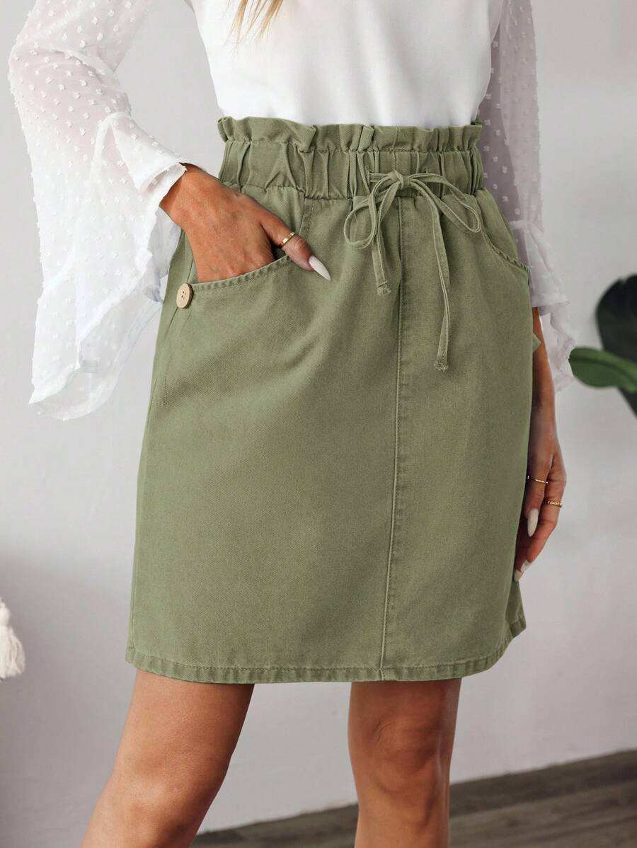 EMERY ROSE Women's Casual Solid Color Drawstring Waist Paper Bag Pocket Straight Denim Skirt, Summer