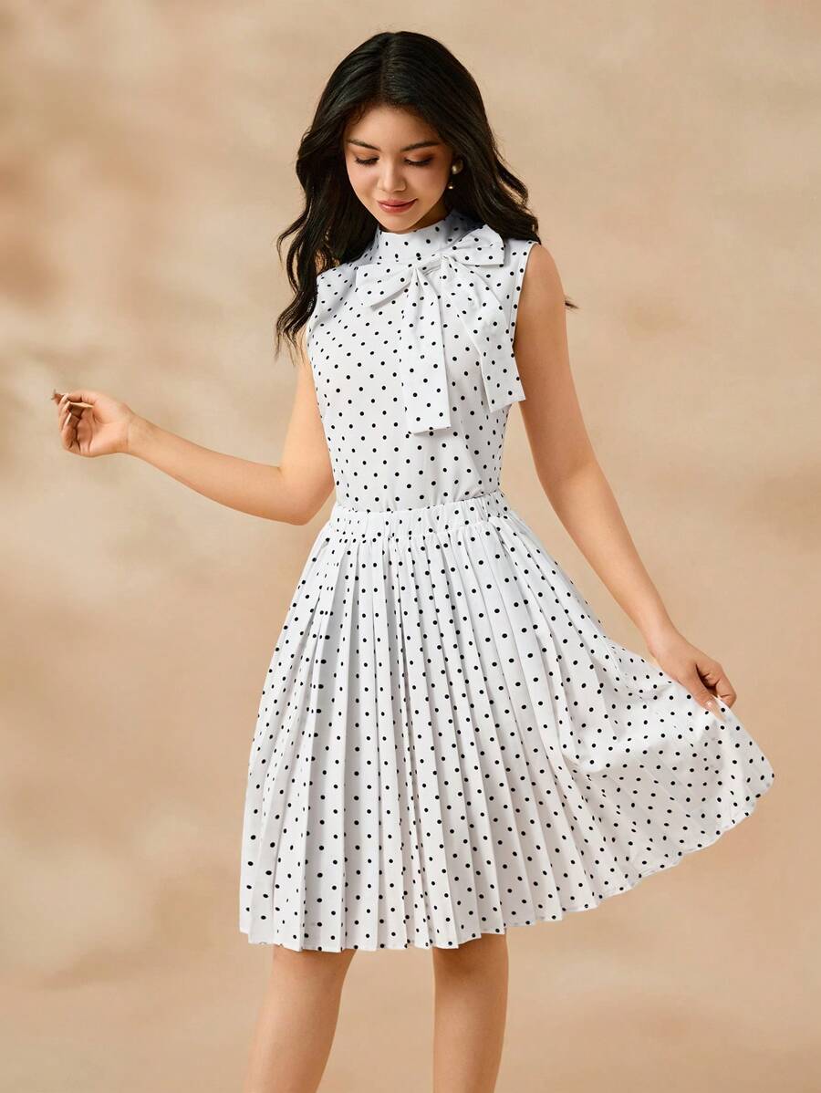 2pcs/Set Teen Girls Polka Dot Bow Tie Sleeveless Top + A-Line Polka Dot Print Waist Pleated Dress, Elegant Outfit For Teenage Flower Girl, Bridesmaid, Birthday Party, Gatherings