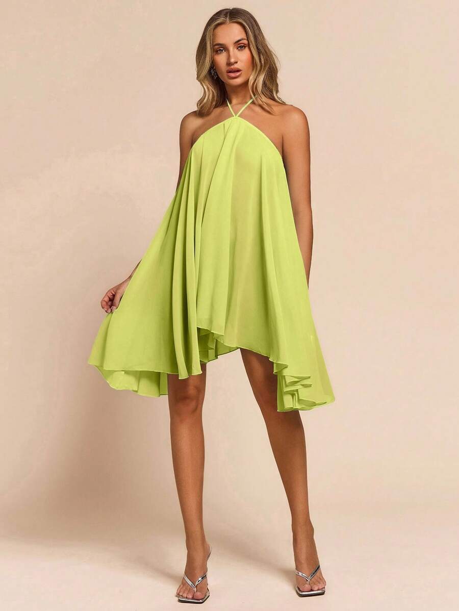 Glamine Vestido de verano con diseño asimétrico y escote en la espalda para mujer, de estilo casual y sexy para la playa y vacaciones, de unicolor