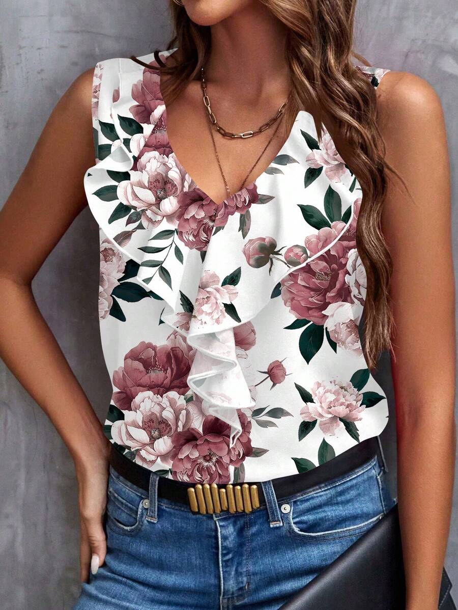 SHEIN Clasi Blusa Feminina com Colarinho Ruge e Padrão Floral Casual, Adequada para o Verão