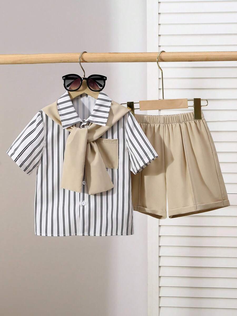 Souflis Souflis Conjunto de 3 piezas para niño pequeño: camiseta de manga corta con estampado de rayas + chal + pantalones cortos de cintura elástica