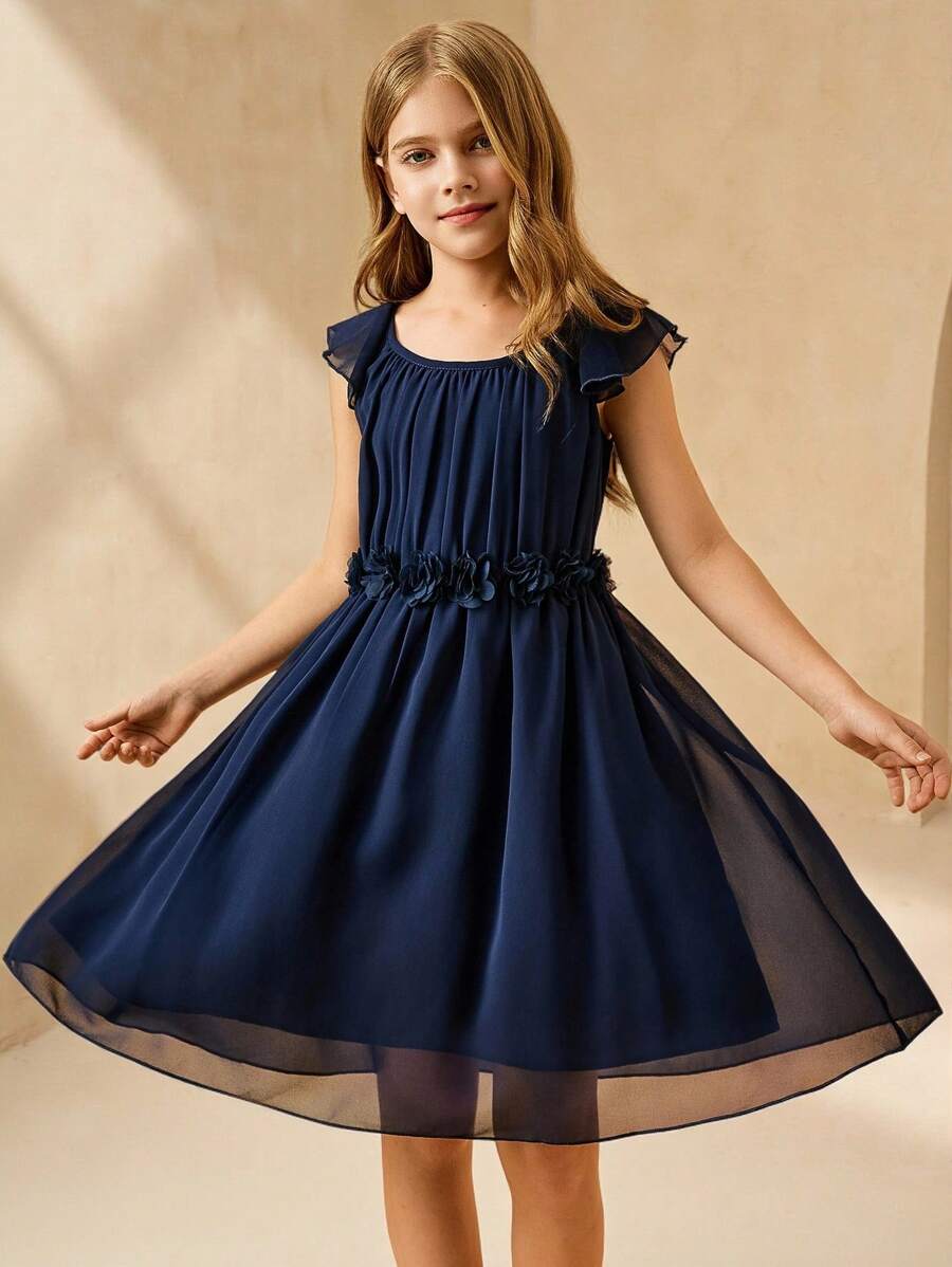 Girls Elegant Minimalist Scoop Neck Sleeveless High Waist Short Chiffon Floral Dress, Navy Blue