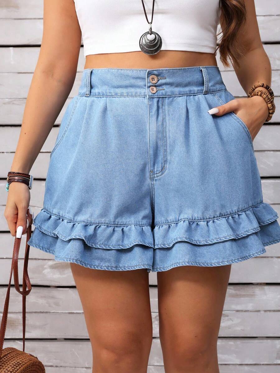 EMERY ROSE Plus Size Women Casual Wash Denim Shorts, Asymmetric Pocket & Ruffle Hem, Summer