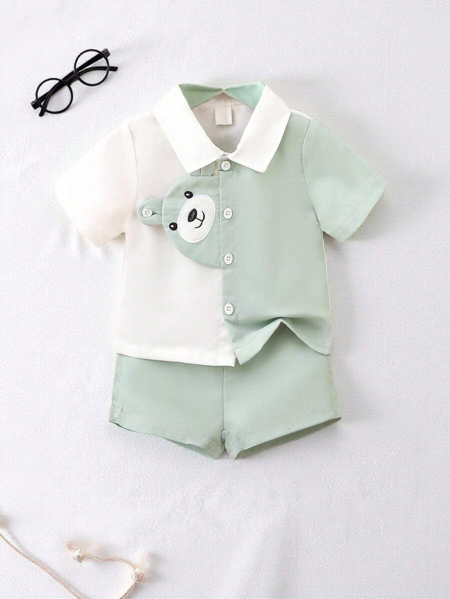 SHEIN 2pcs/Set Summer Casual Cute 3d Bear Printed Shirt And Shorts Outfits For Baby Boys