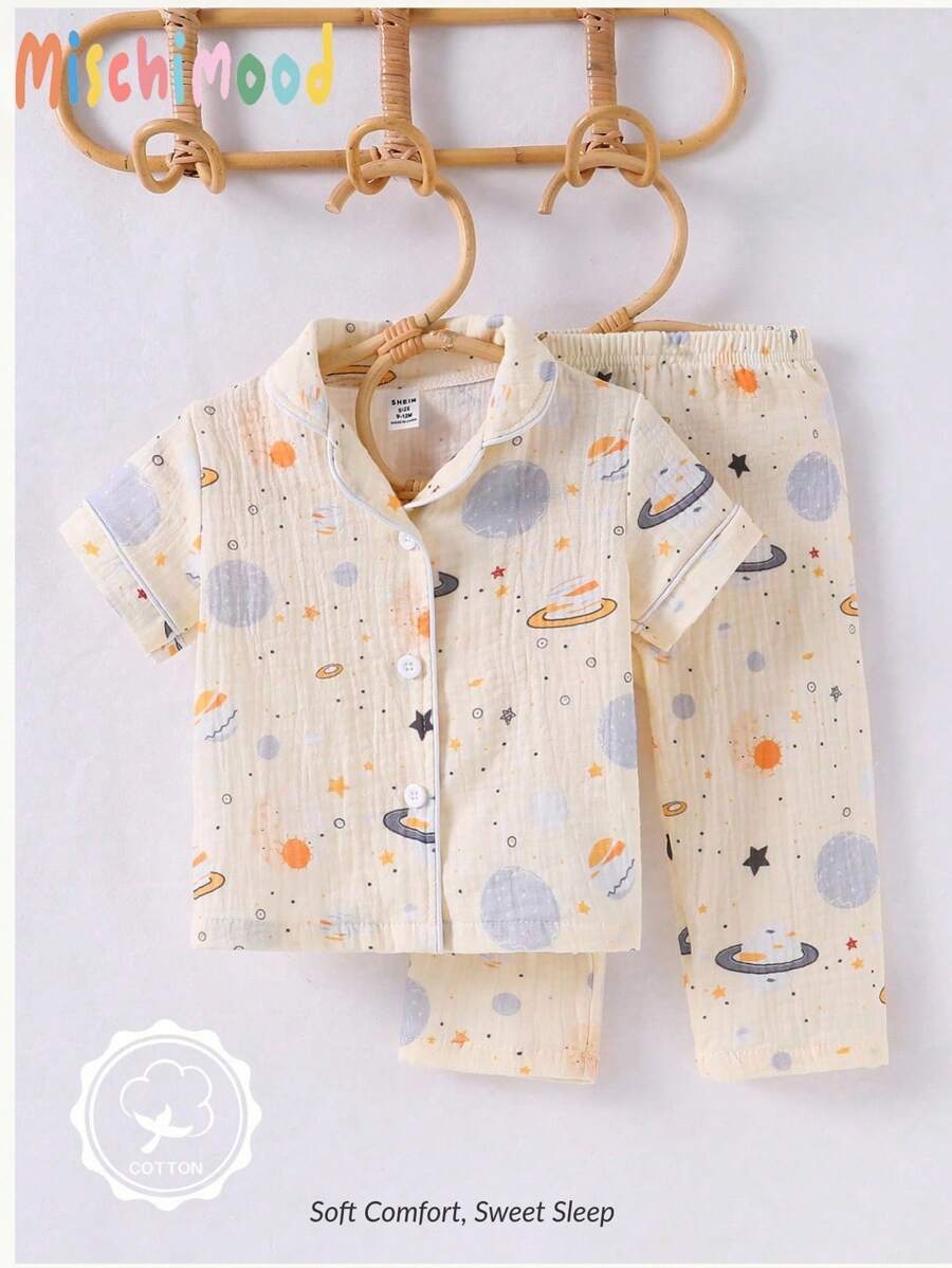 2 pezzi Set per bebè/bambini piccoli con motivo galassia, composto da cardigan a maniche corte e pantaloni, abbigliamento comodo da casa