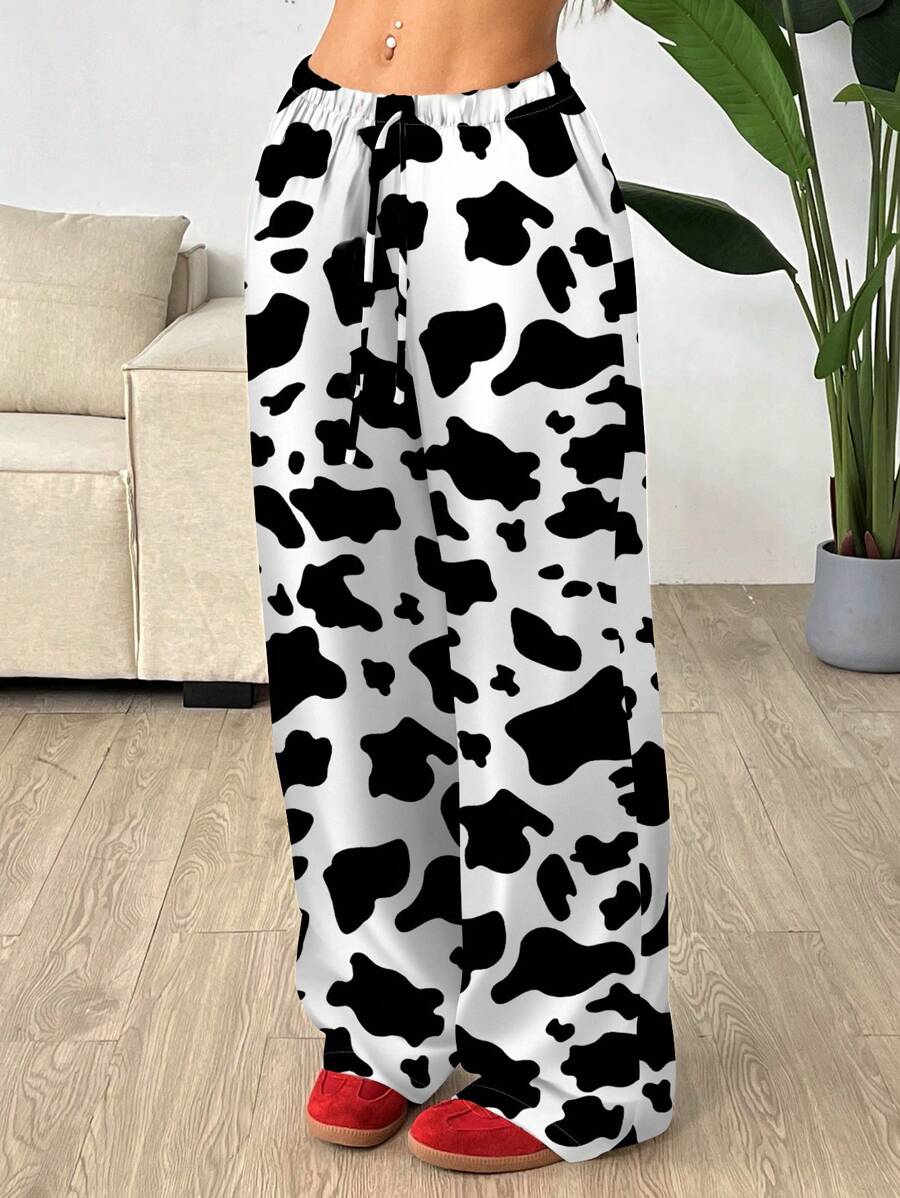 SHEIN EZwear Plus Size Casual Full Print Cow Spots Pattern Drawstring Straight Leg Pants, Suitable For Spring/Summer