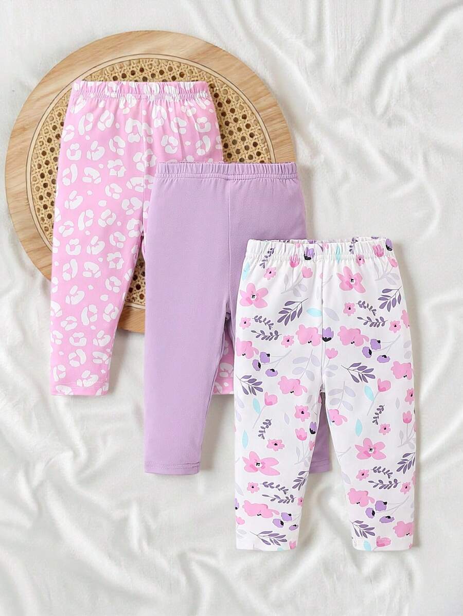 SHEIN Vintaside Kids Conjunto de 3 piezas de mallas con diseño de volantes, estampado de flores y estampado de leopardo para bebé niña, casual y versátil