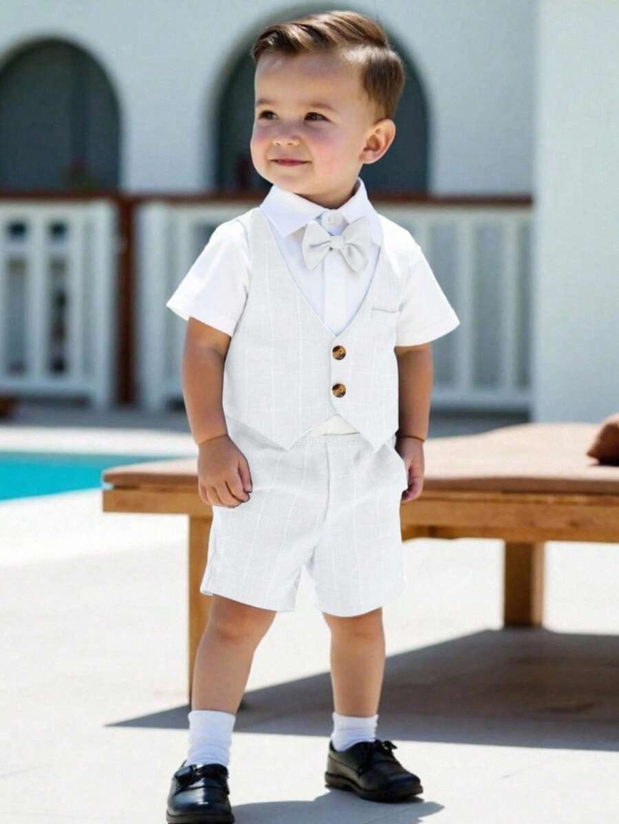 Souflis Souflis Set de 2 piezas para niño pequeño, camisa de manga corta con cuello vuelto y pantalones cortos a cuadros con parche