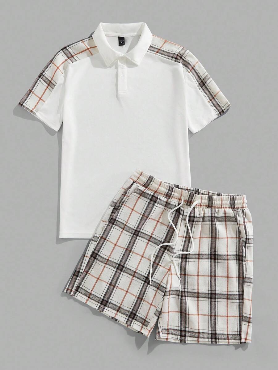 Manfinity RelaxMax 2 pièces/set Polo manches courtes décontracté à carreaux et short, ensemble pour homme, tenue de ville