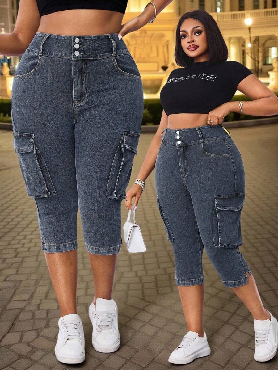 Maweii Plus Size Women Summer Cowgirl Outfit Elastic Blue & Black Cargo Capri Skinny Jeans With Pocket & Slit Summer Outfits For Women Festival Outfits Cargo Jeans For Women