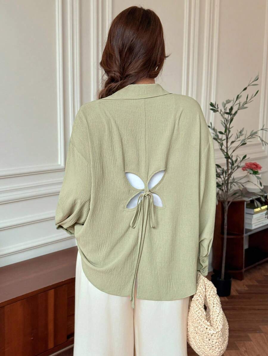 SHEIN LUNE Plus Size Casual Solid Color Backless Shirt School Clothes Back Butterfly Strap Office Outfits For Women Green Shirt