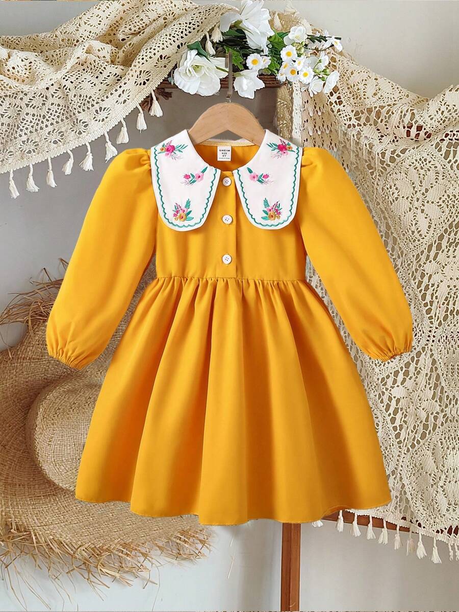 Young Girls' Spring/Summer Embroidery Ruffle Collar Puff Sleeve Design Dress, Suitable For School, Daily Wear And Vacation
