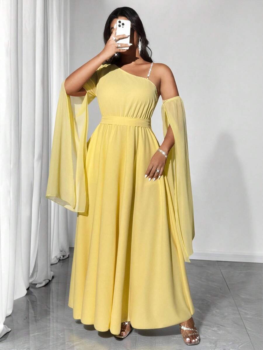 Viva Relle Vestido de gasa con mangas abullonadas, hombros asimétricos y decoración de diamantes, para invitado de boda, elegante para fiesta de noche, talla grande