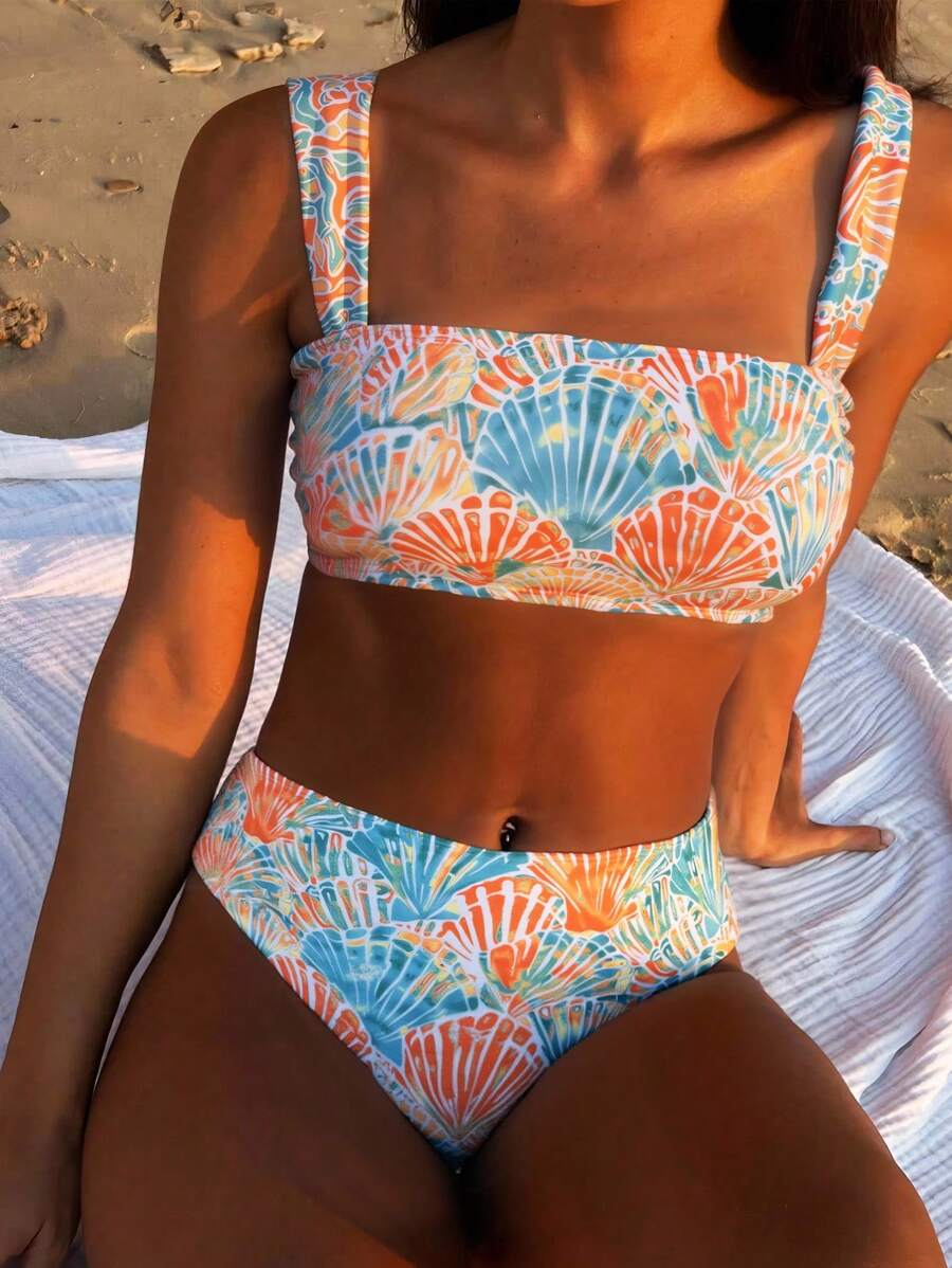 Swim Vcay Conjunto de bikini de 2 piezas con decoración de conchas marinas, estilo halter y cintura alta, para vacaciones en la playa, disponible en varios colores para mujeres