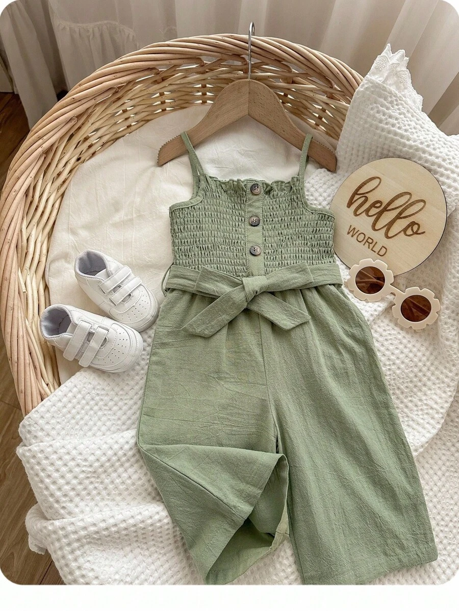 SHEIN Mono De Estampado Floral Para Bebé Niña Con Botones Frontales, Cinturón Y Tirantes Ajustables
