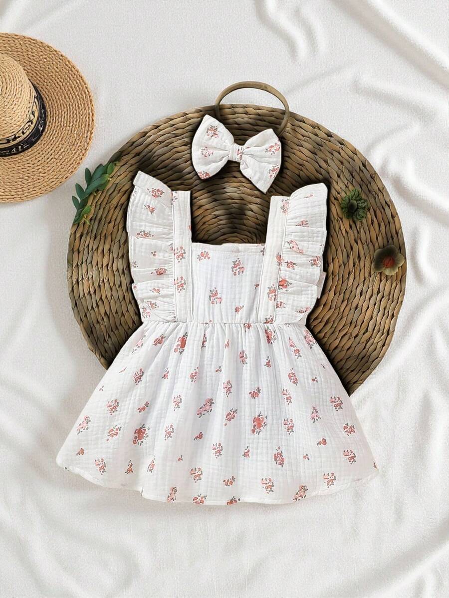 SHEIN Vintaside Kids Vestido Con Volantes Y Diadema Con Estampado Floral Para Recién Nacido Niña