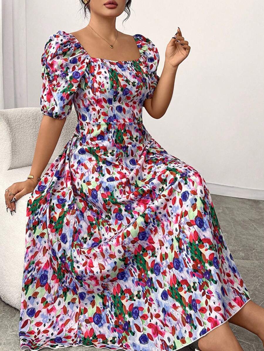 Modelyn Plus Size Crinkle Printed Square Collar Puff Sleeve A-Line Dress