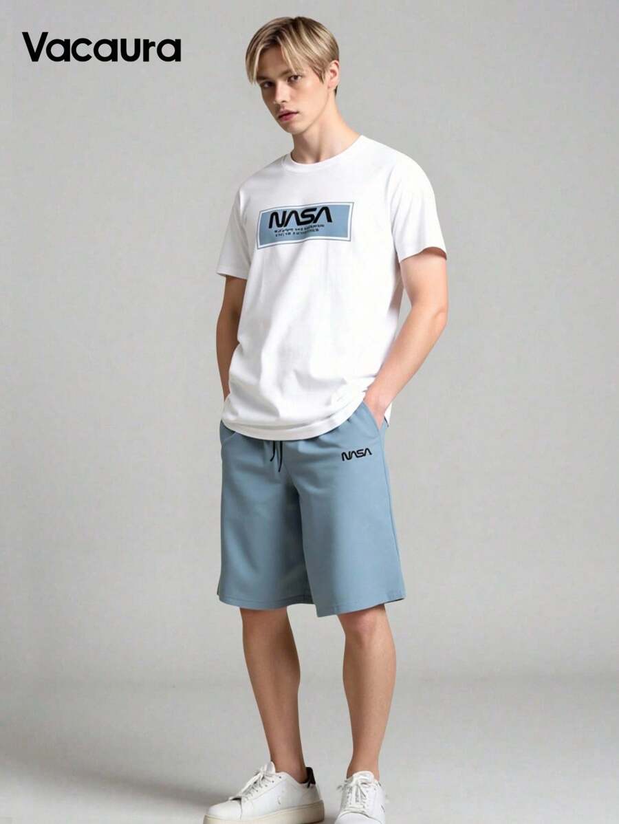 Wildeya Set de 2 piezas: Camiseta de manga corta con estampado de letras y cuello redondo informal en color negro + Pantalón corto de tela tejida en caqui para adolescentes, nuevo estilo clásico de verano
