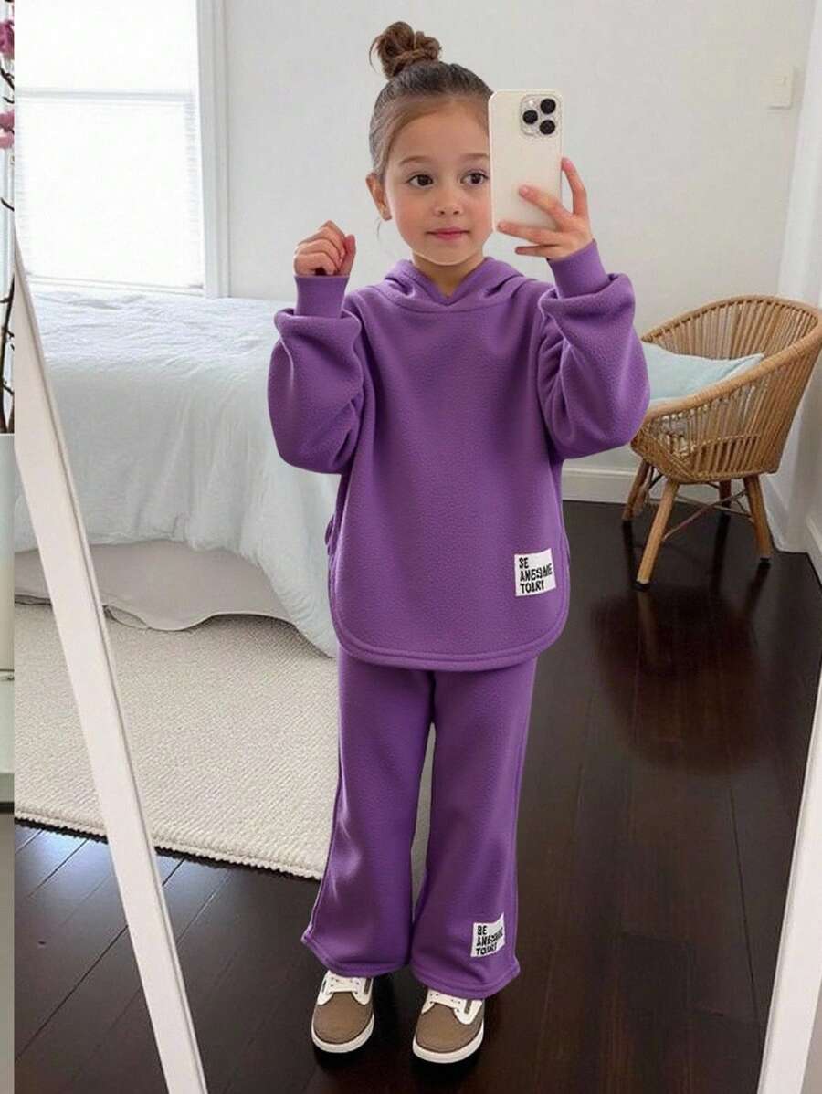SHEIN Young Girl Casual Hooded Sweatshirt And Pants Set With Asymmetric Hem, School Outfits