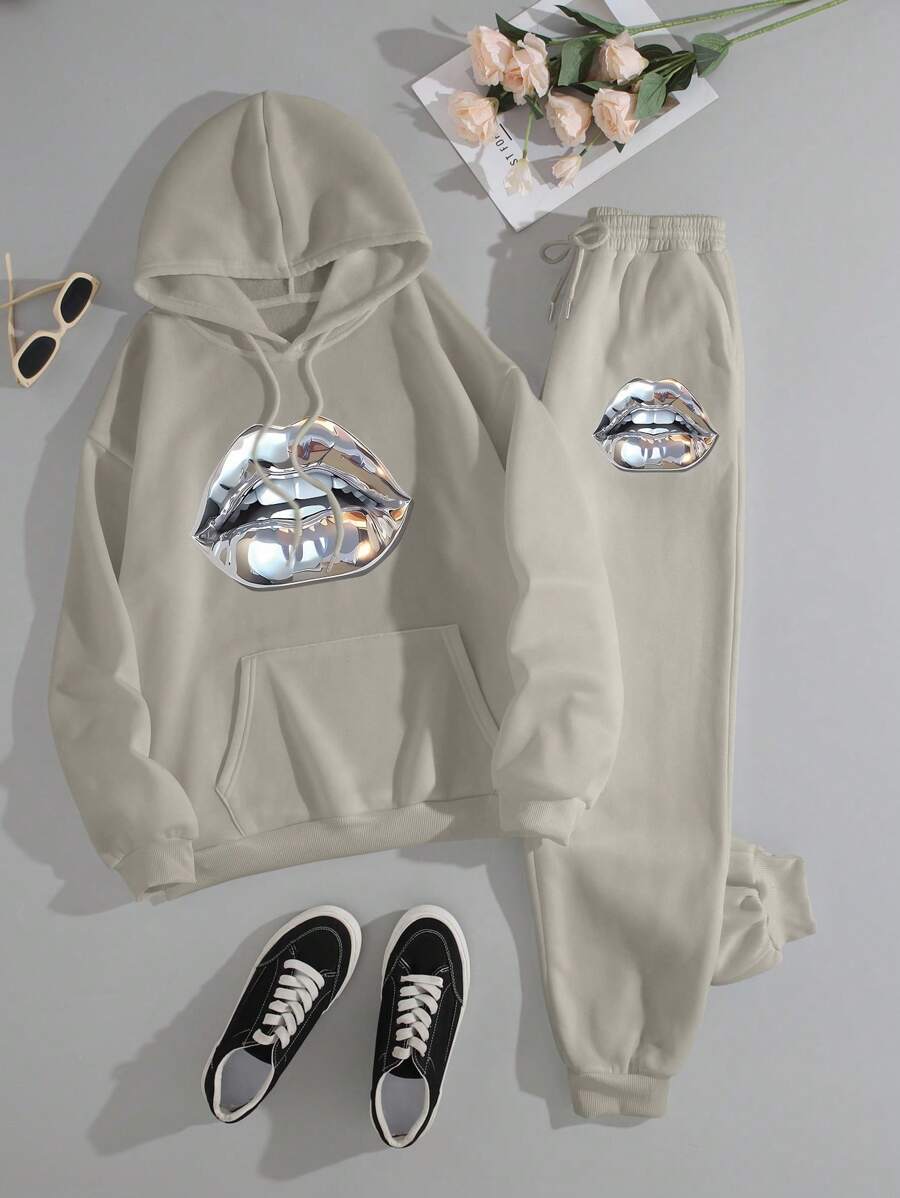 INAWLY Conjunto de 2 piezas de mujer con sudadera con capucha de manga larga con cordón y estampado de labios, y pantalones
