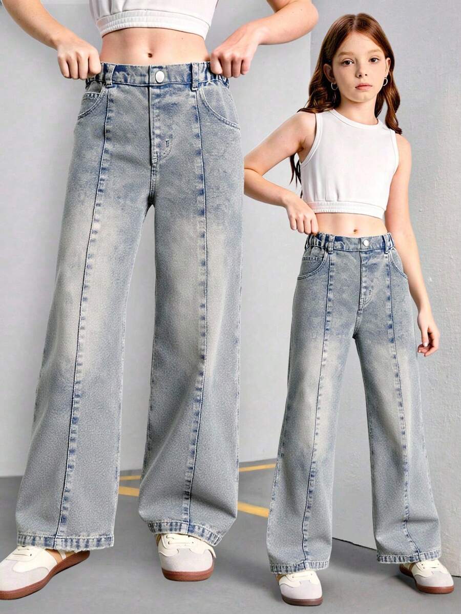 Jeans rectos holgados de pierna ancha lavados para niñas con costuras de contraste, casual y versátil para uso diario, diseño sencillo y de moda