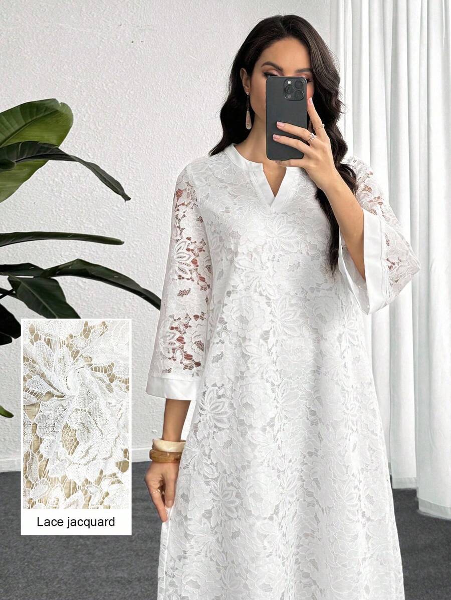 SHEIN Lacomfia فستان أبيض بتصميم الأكمام الواسعة والرقبة الرسمية مزخرف بالكشكشة والزهور من الدانتيل