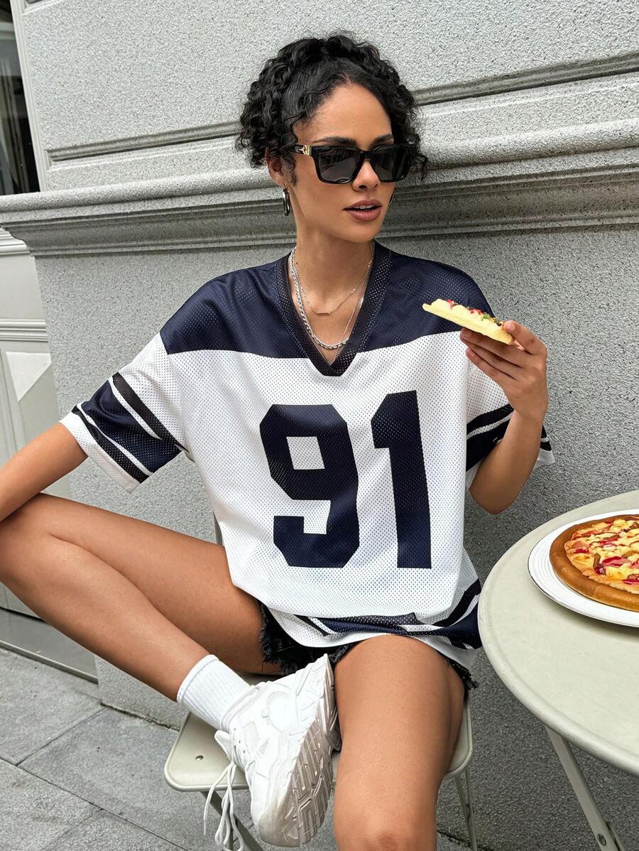 INAWLY Women's Summer V-Neck Short Sleeve Casual T-Shirt With Digit Stripe Print Graphic Tees Women Tops