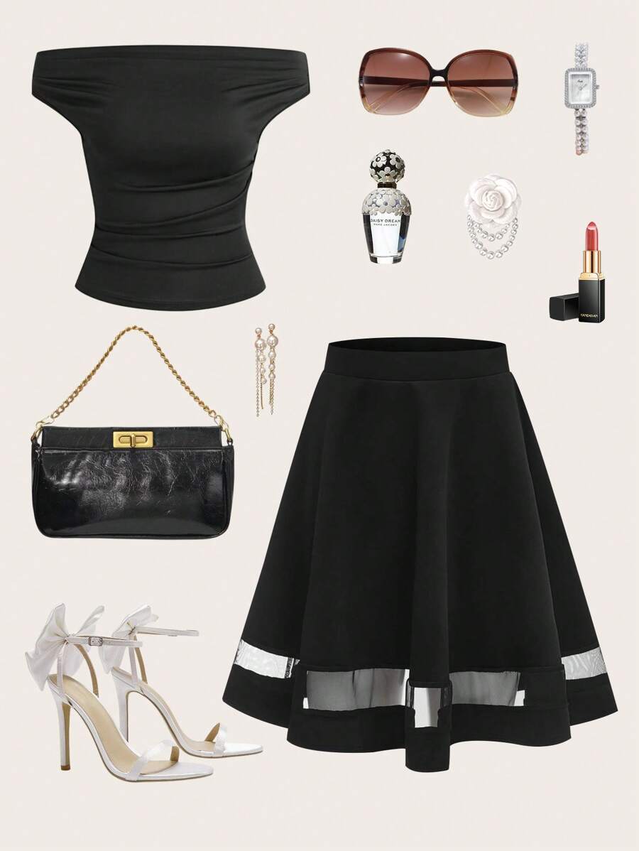Ellevyn Wide Band Waist Mesh Insert Flare Skirt