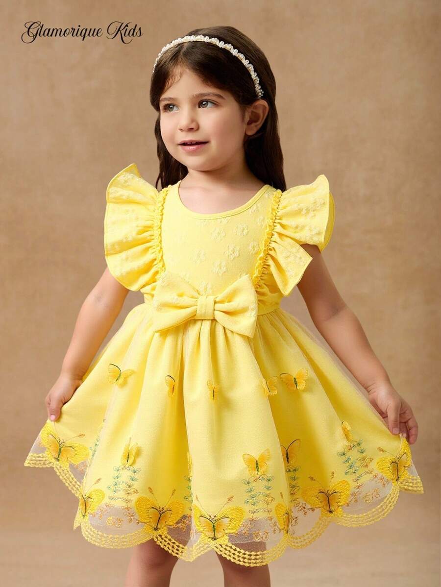SHEIN Glamorique Kids Vestido Elegante Con Malla, Lazo, Volantes Y Patrones Jacquard Para Bebé Niña