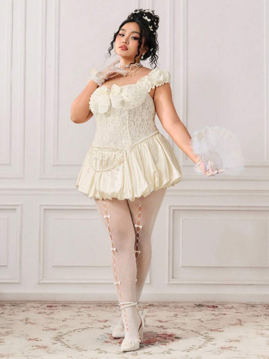 ROMWE ROMWE EDITION Abito in stile vintage reale kawaii con perline e tessuto in pizzo, senza schienale, con texture in raso e linea ad A, adatto come abito da sposa per taglie forti