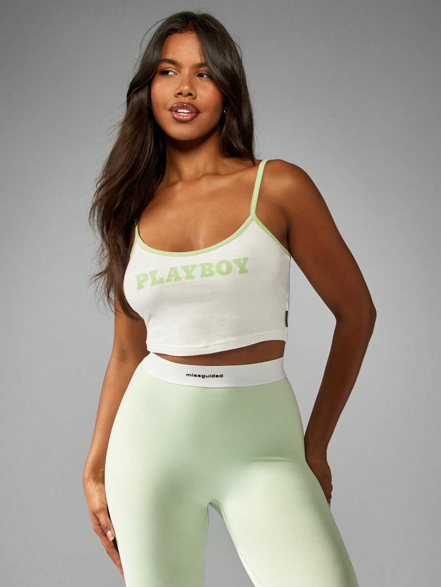 Missguided x Playboy Signature Logo Sleeveless Crop Tank Lounge Top Slim Fit Cami Bra Style Summer Apparel