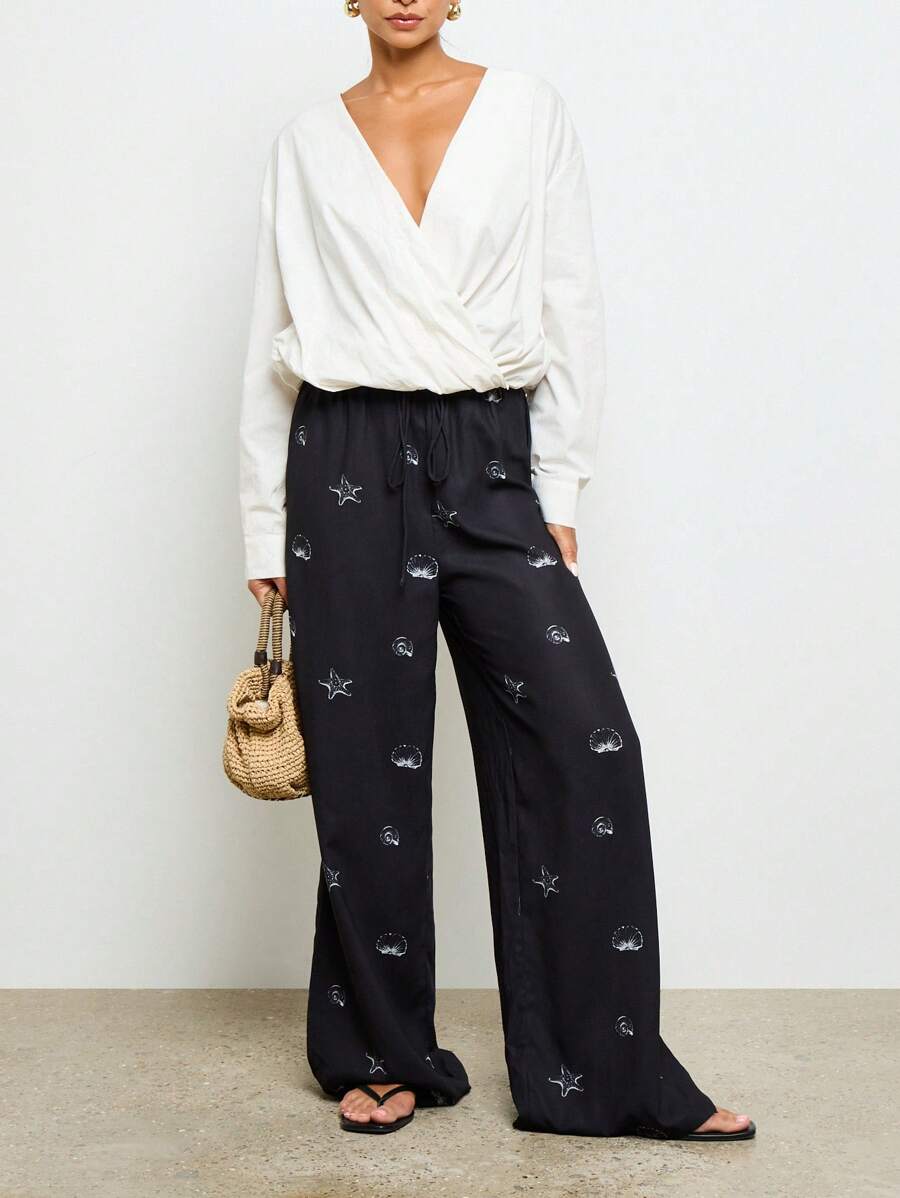 AiiRZ Palazzo Wide Leg Lounge Pants With Nautical Starfish Shell Print Drawstring Waist Resort Beachwear Summer Holiday Pants