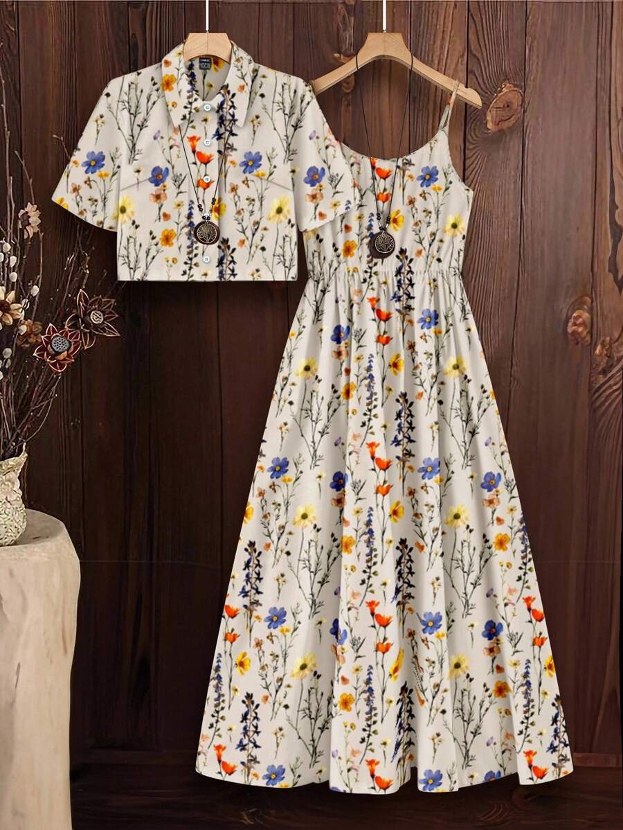 Breezaya Plus Size Women's Printed Camisole Maxi Dress, 2 Pieces Vacation Sundress Set