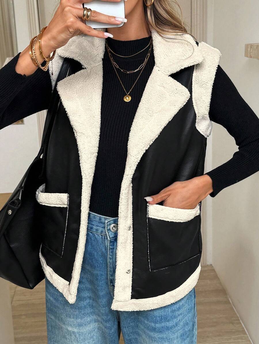 SHEIN LUNE Chaqueta sin mangas de mujer casual con bolsillos, de piel y peluda, chaleco de invierno cálido