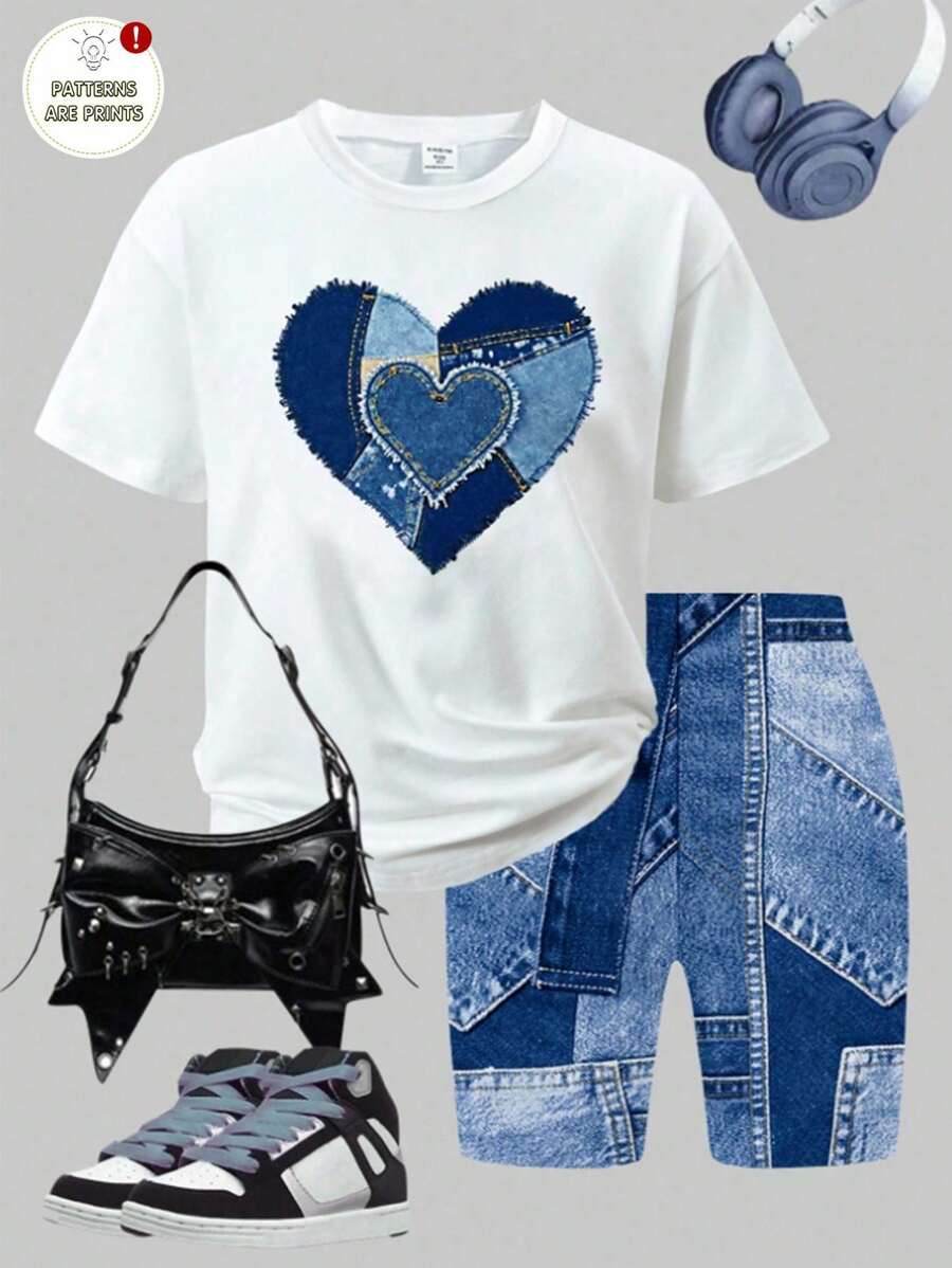 2pcs/Set Teen Girls Summer Casual Fashion Style Big Heart Denim Printed White Round Neck T-Shirt + Denim Printed Shorts Set
