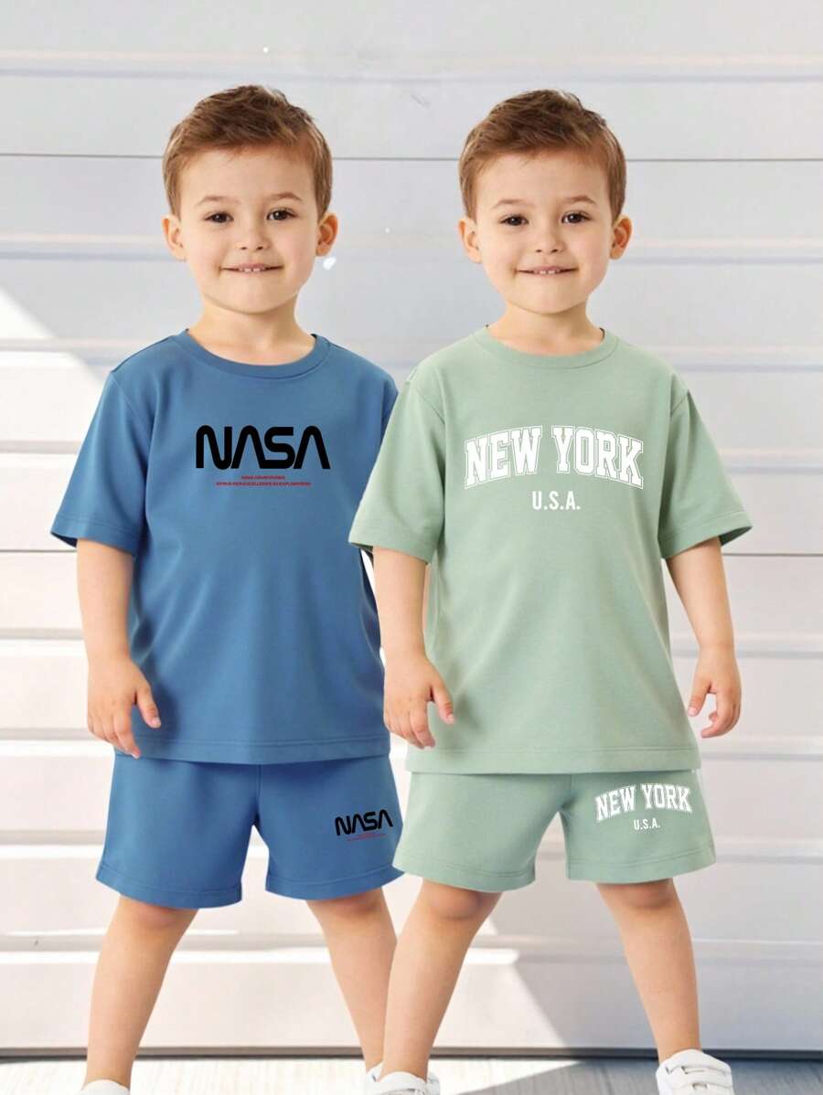 2pcs/Set Summer Kids Boys' Casual Letter Print Round Neck T-Shirt & Shorts Set