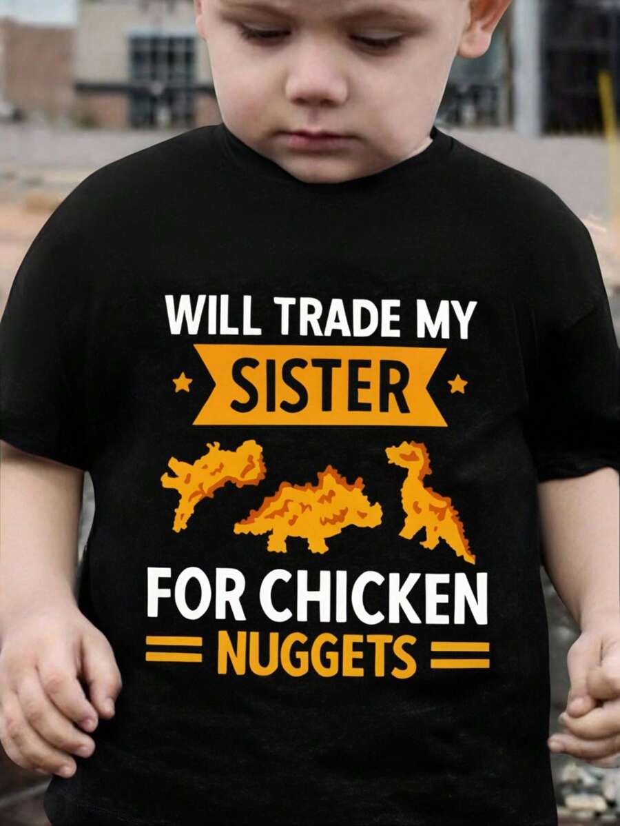 Young Boy's Summer Casual Chicken Nugget Print Short Sleeve T-Shirt, Fun Graphic Tee Perfect For Sports And Leisure Wear