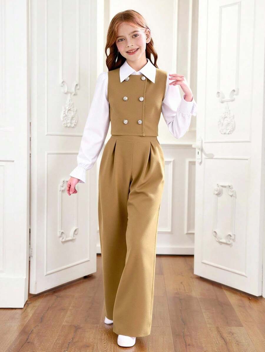 Conjunto Elegante para Meninas Pré-Adolescentes: Colete Branca de Manga Longa com Gola + Colete de Abotoamento Duplo + Calça