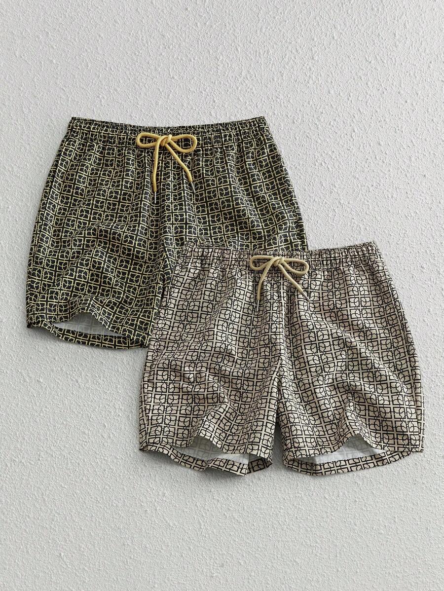 HIMLAND Set de 2 pantalones cortos casuales de cintura media con cordón y pierna recta para hombres