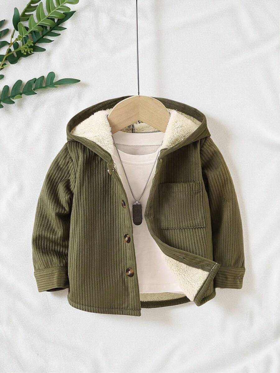 SHEIN Vintaside Kids Babyjongen effen kleur knoop-voorzak corduroy capuchon lange mouw jas, geschikt voor herfst en winter